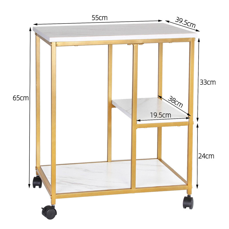 Chariot à tablettes à 3 niveaux pour le rangement et l'organisation de la maison, chariot de rangement utilitaire, blanc et doré