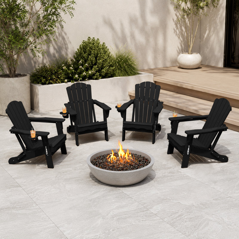 Black All-Weather HDPE Plastic Folding Adirondack Chair with Cup Holder for Patio & Garden (Set of 4), Black, 4
