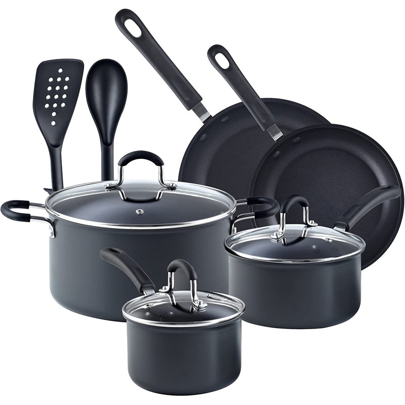 10-Piece Black Aluminum Nonstick Cookware Set with Stay-Cool Handles