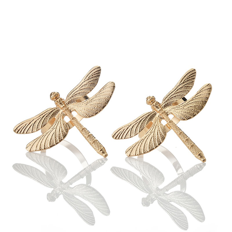 Set of Gold Coloured Napkin Rings in Dragon Fly Shape for Elegant Kitchen and Dinner Table Settings