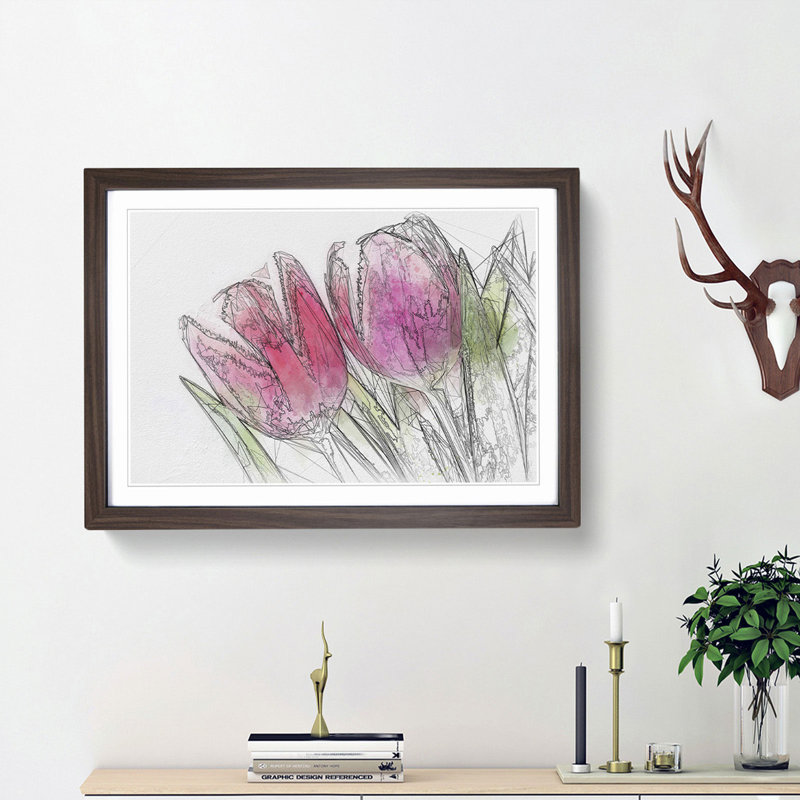 Pair of Pink Tulip Flowers in Abstract - Picture Frame Drawing Print, Walnut Framed, 62cm H x 87cm W x 2cm D