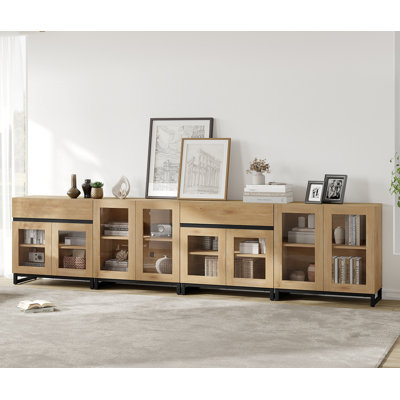Commode 4 en 1 multifonctionnelle avec portes en verre et 2 tiroirs, commode moderne avec tablette réglable et base en métal, organisateurs de placard et armoire de rangement