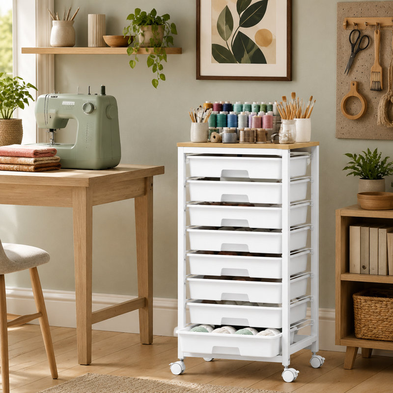 Organisateur blanc à 8 tiroirs avec plateau de table en bois, conçu pour un assemblage et un rangement faciles dans les salles de classe et les bureaux