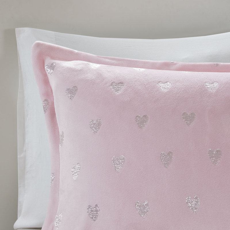 Rosalie Metallic Printed Plush Comforter Set, Full/Queen Comforter + 2 Shams + 1 Throw Pillow, Pink/Silver