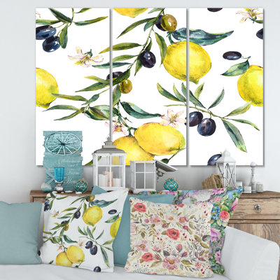 Citron et branches d'olivier II - peinture sur toile tendue 3 pièces