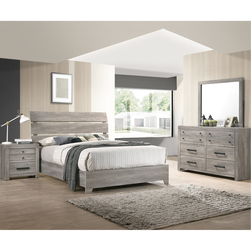 Grand lit moderne avec finition gris rustique et tête de lit légèrement incurvée, centre de chambre à coucher, matériau principal en bois, style transitionnel, aucun sommier requis, cadre contemporain facile à assembler