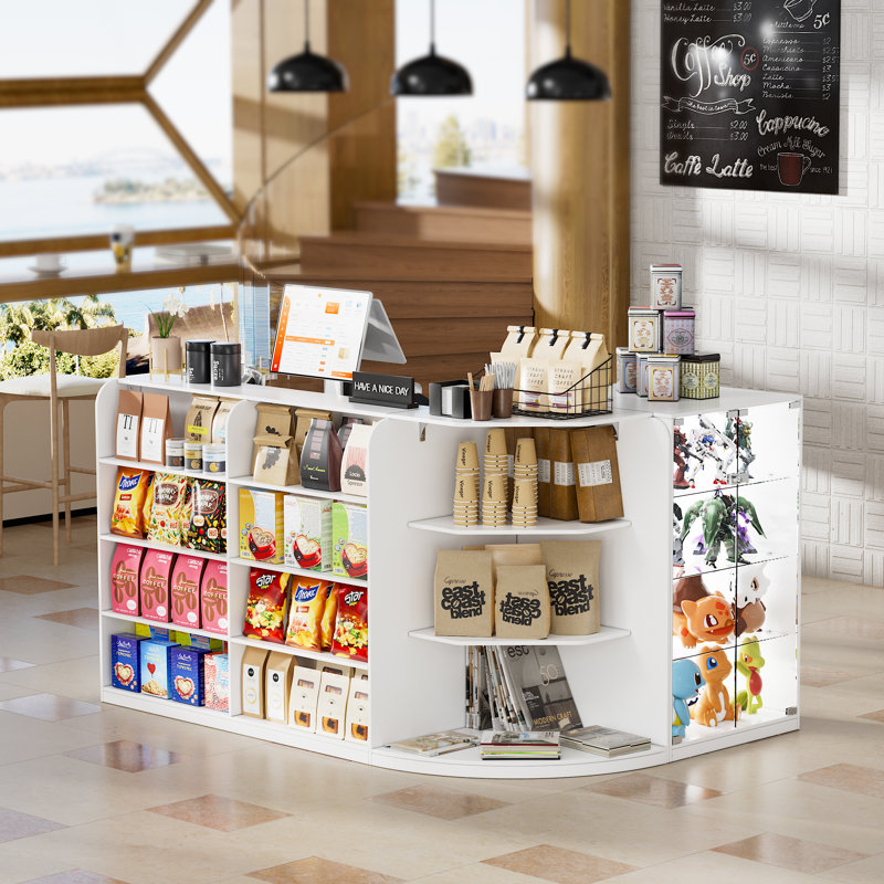 L-shaped Reception Desk With Counter, Glass Retail Counter Desk Display Case, 2 Drawers