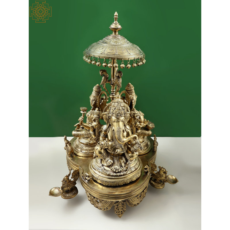 26" Revolving Ganesha, Lakshmi & Saraswati – Handmade Bronze Religious Showpiece, Blessing Trinity of Wisdom, Prosperity & Auspiciousness, Indian Deity Décor Collection