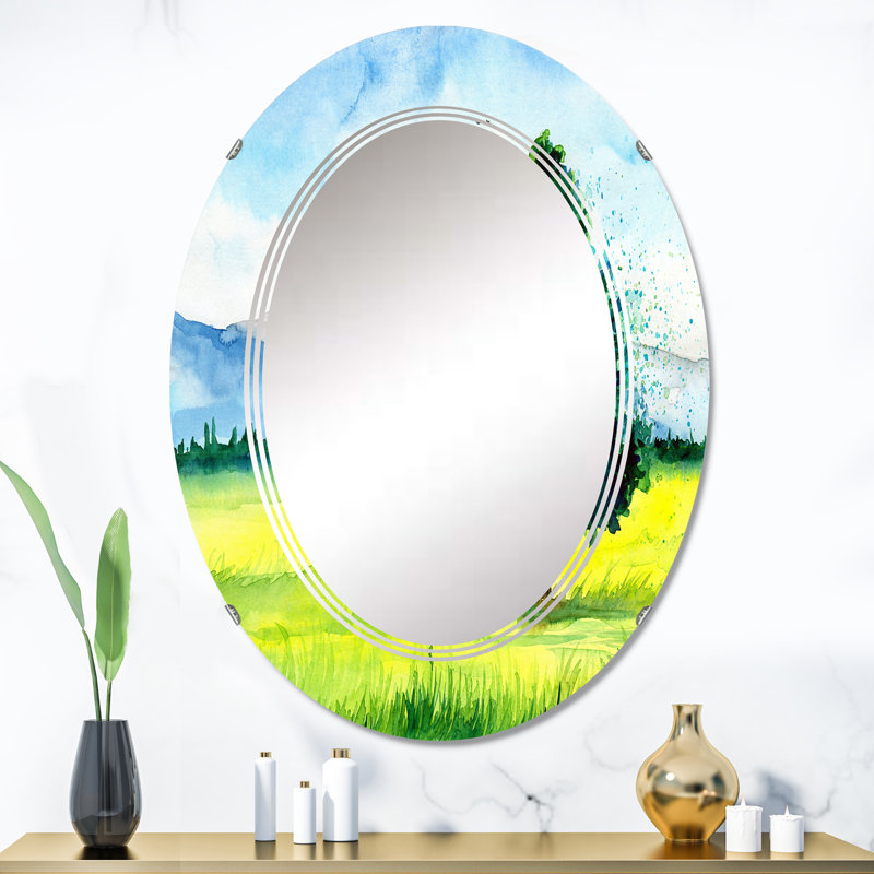 Le champ jaune avec le bel arbre - miroir mural champêtre ovale, 36 po x 24 po