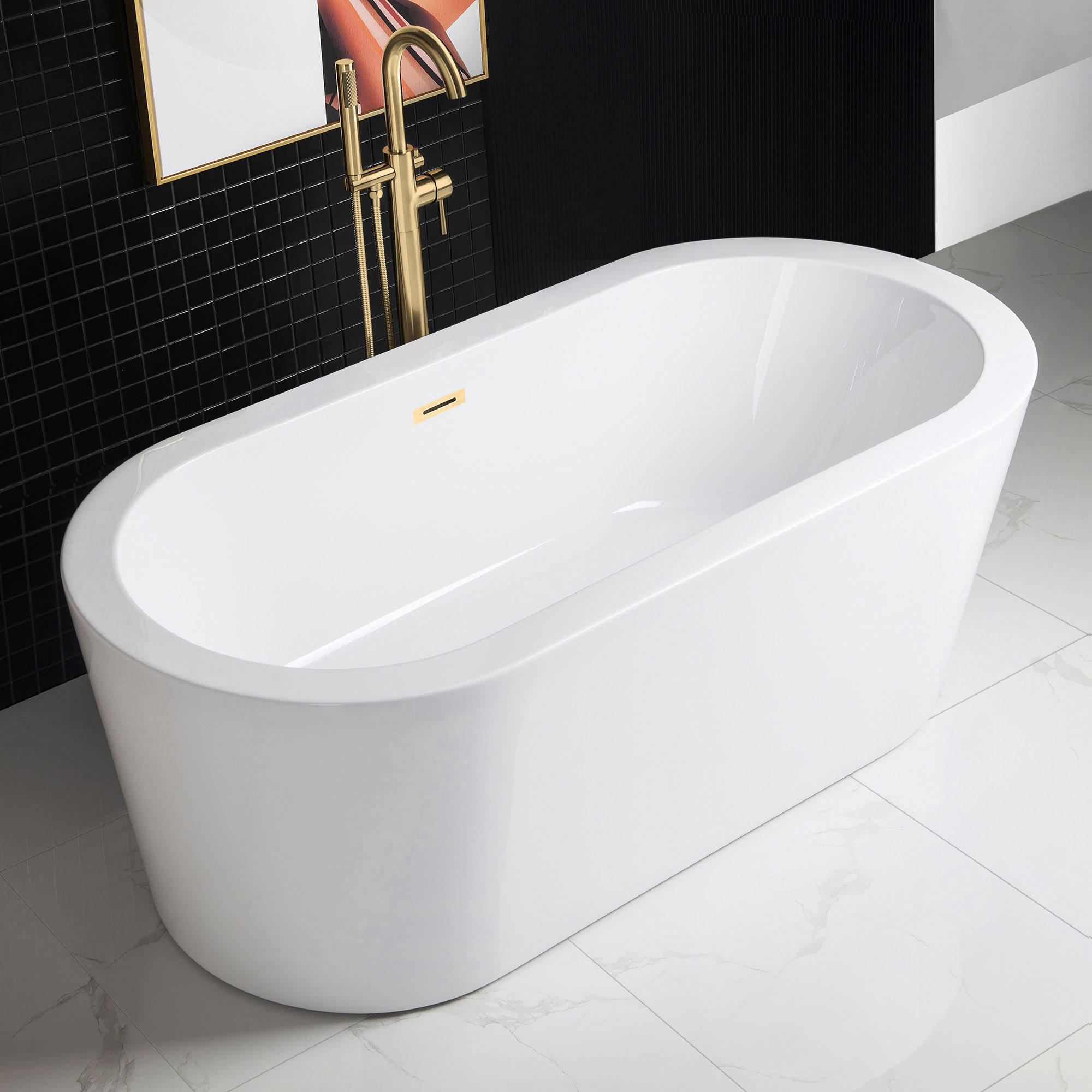 66.38" x 31.75" Freestanding Soaking Acrylic Double Ended Bathtub with Wide Rim, Brushed Gold
