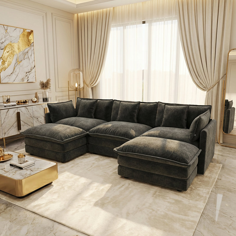 Hibbell U-shaped Sectional Sofa W/reversible Footrest, 5-seater Convertible Corner Couch With 2 Ottomans ,modern Minimalist Soft Sofa & Couch For Living Room