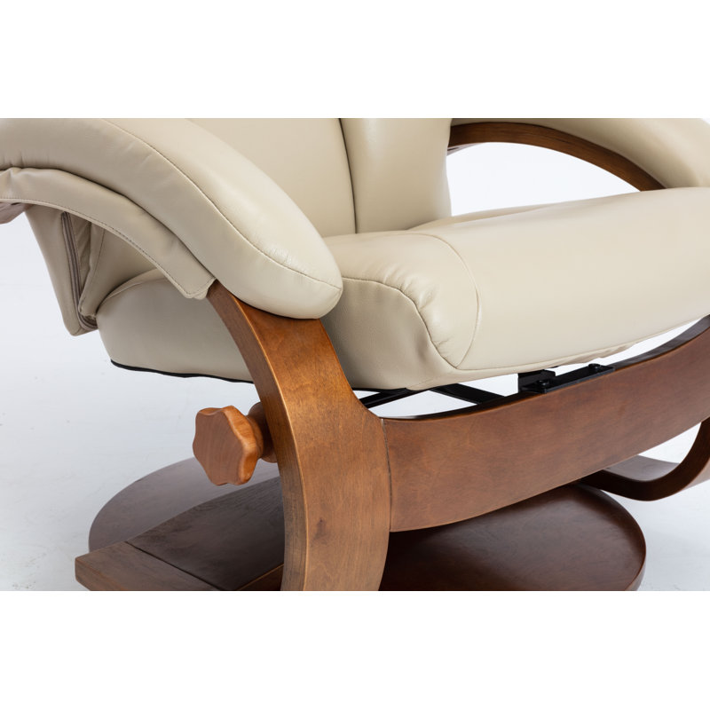 Beige Leather Swivel Recliner with Walnut Base and Ottoman