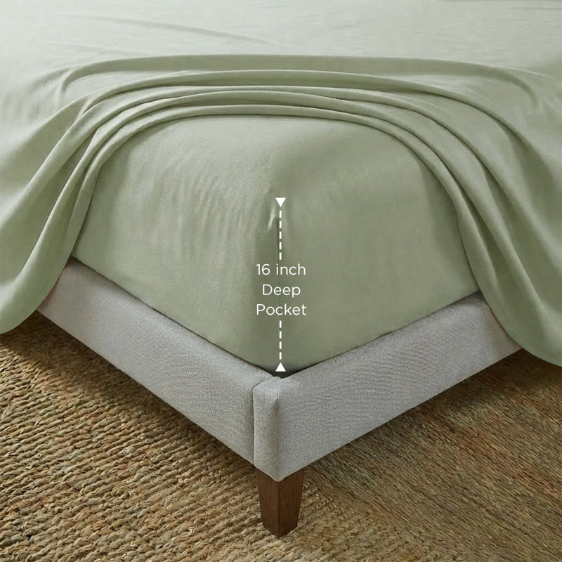 Ensemble de draps 100% coton égyptien 400 fils Threadmill, Vert sauge, Ensemble de draps pour grand lit avec 2 taies d'or