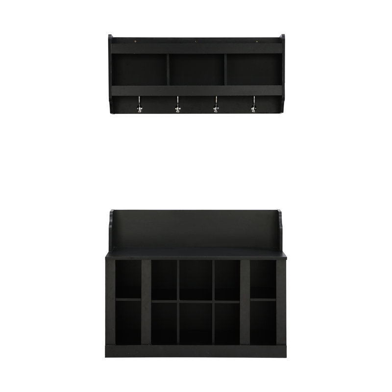 Elegant Hall Tree With Shoe Bench And Wall Mounted Shelf, Black, 6.6Lbs Hook Weight, 176Lbs Capacity Entryway Storage Shelves, Customizable Options