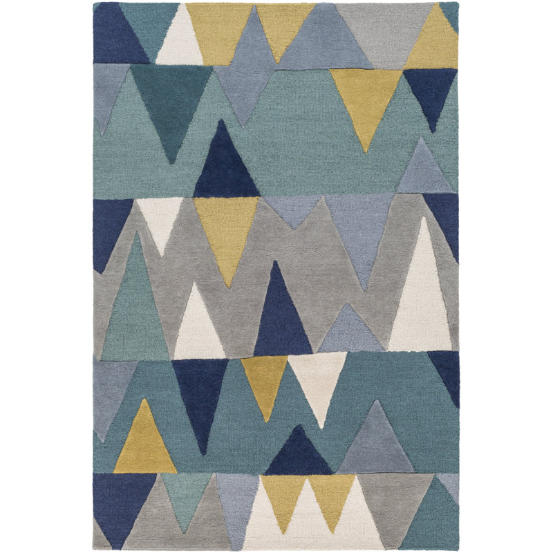 Sandin Geometric Hand-Tufted Wool Teal/Navy/Yellow/Gray Area Rug, Rectangle 2' x 3'