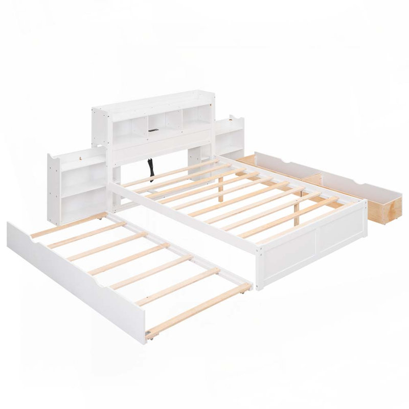 Lit plateforme avec rangement et tablettes coulissantes, lit gigogne simple et 2 tiroirs