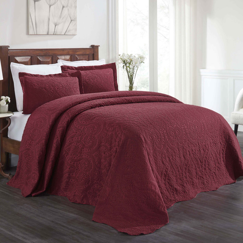 Burgundy Full Cotton Blend Floral Bedspread Set