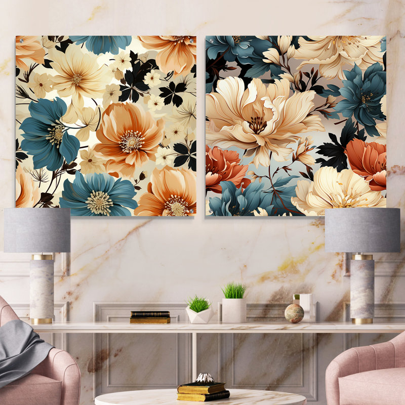 «Blue and Beige Coastal Tranquil Florals Collage Unveile», ensemble de 2 peintures murales en acrylique, H 36 po x l 73 po