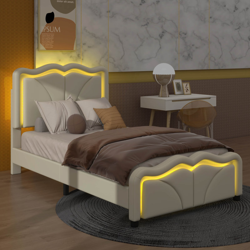 Sleek Curved Design Upholstered Platform Bed, Twin, White