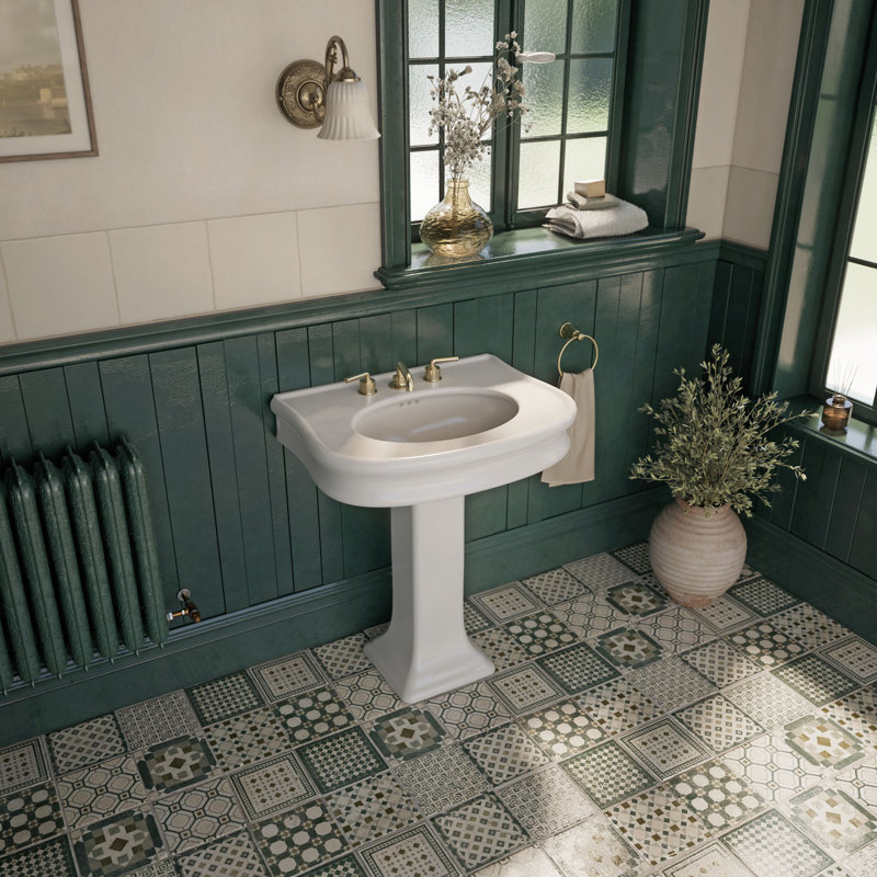 Lavabo sur pied traditionnel 28 "avec cuve ovale intégrée Whitehaus, garniture décorative arrondie sans soudure et trop-plein Whitehaus