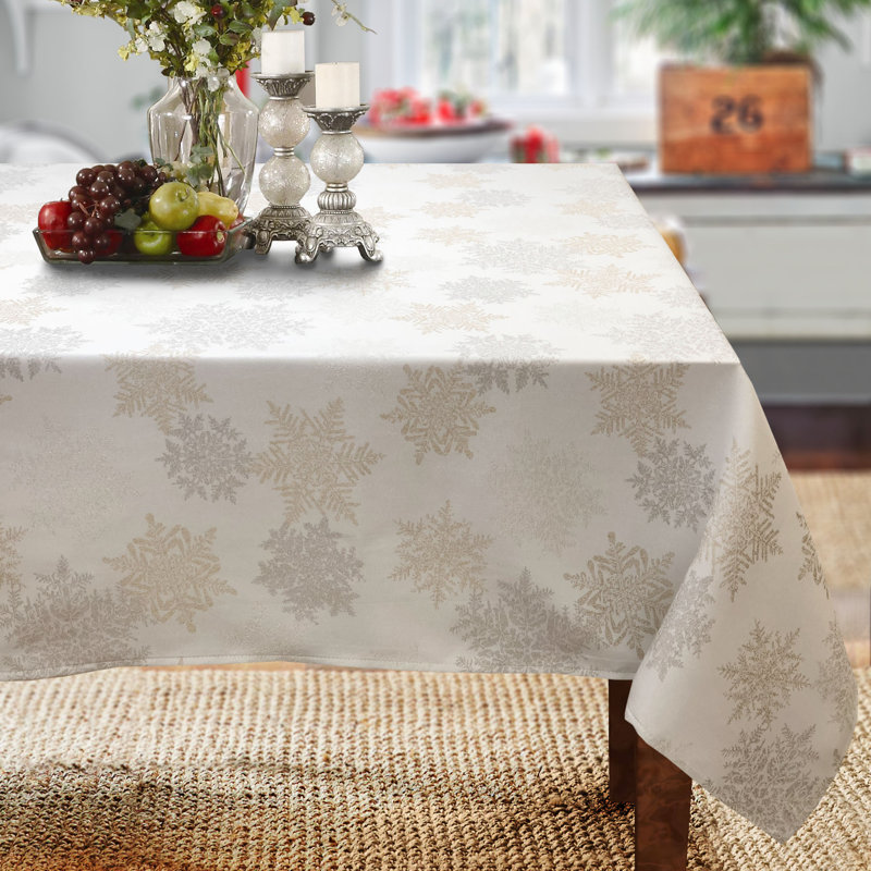 Holiday Silver Gold Snowflakes Metallic Jacquard Woven Tablecloth, 102" x 60", Ivory, Floral 2