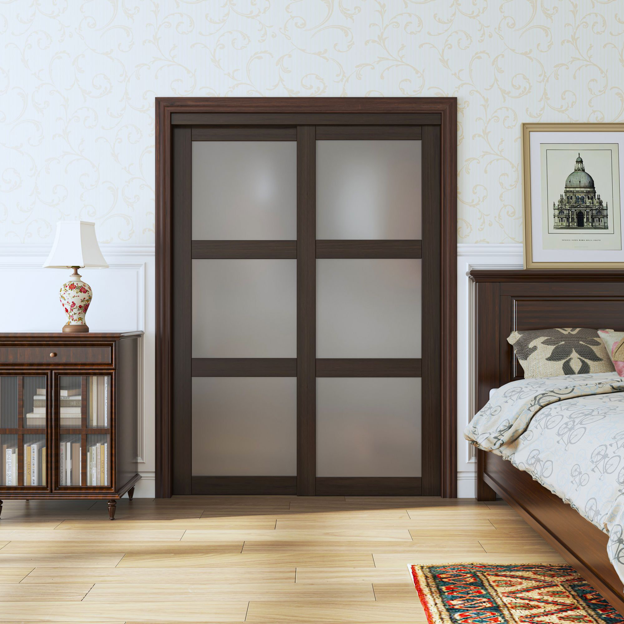 Home Worthy 3 Lite Tempered Frosted Glass Ancient Wood Color Sliding