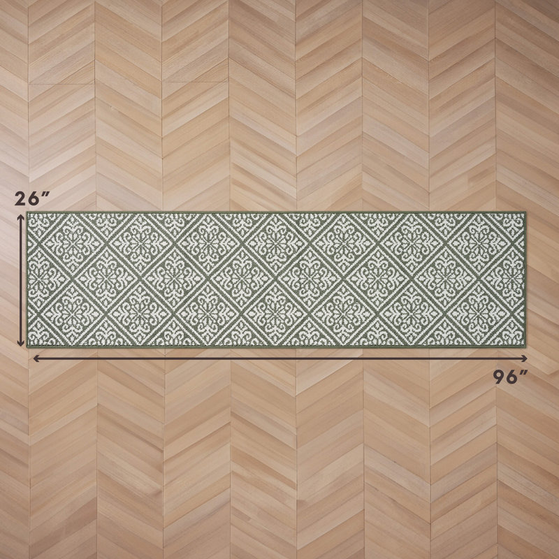 Austell Machine Woven Synthetic Geometric Area Rug in Green/White, Runner 2'2" x 8', Natural/Sage