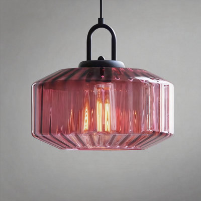 Luminaire suspendu moderne en verre nervuré géométrique, mauve