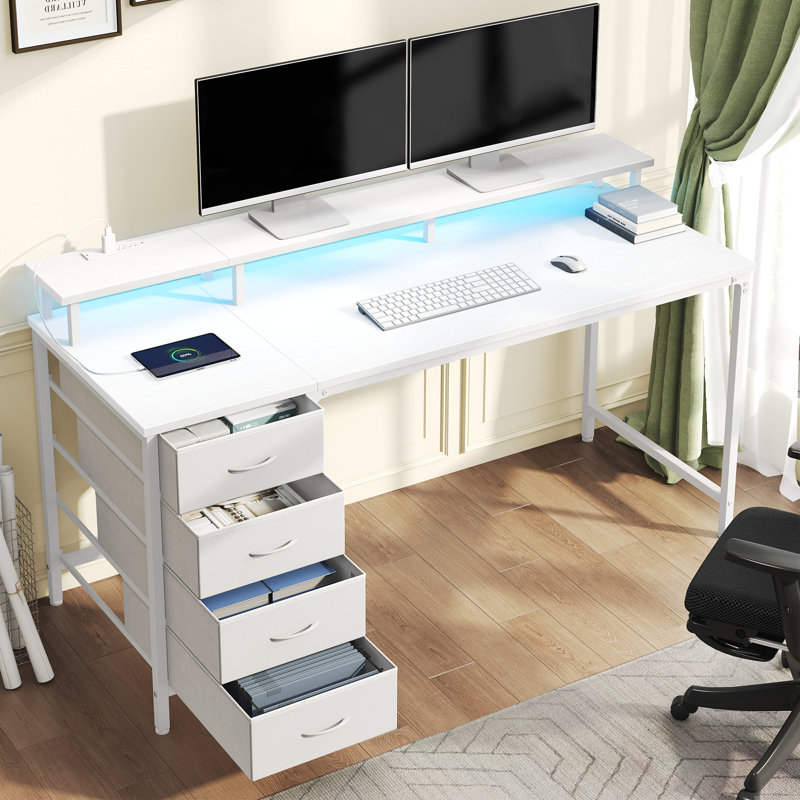 47 Inch White Fixed Home Office Desk, 4 Drawers + Storage Shelf with LED Light & Power Strip, White