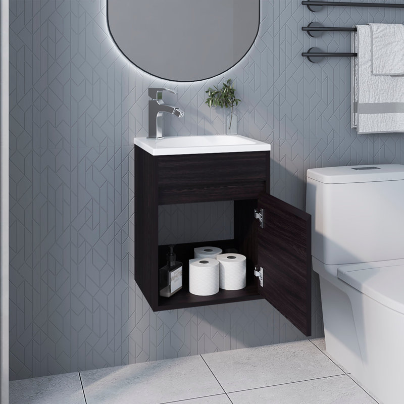 Meuble-lavabo flottant pour salle de bain avec lavabo et 1 porte, Wengé