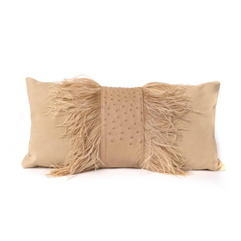 Feather Trim Suede Lumbar Pillow, Cream