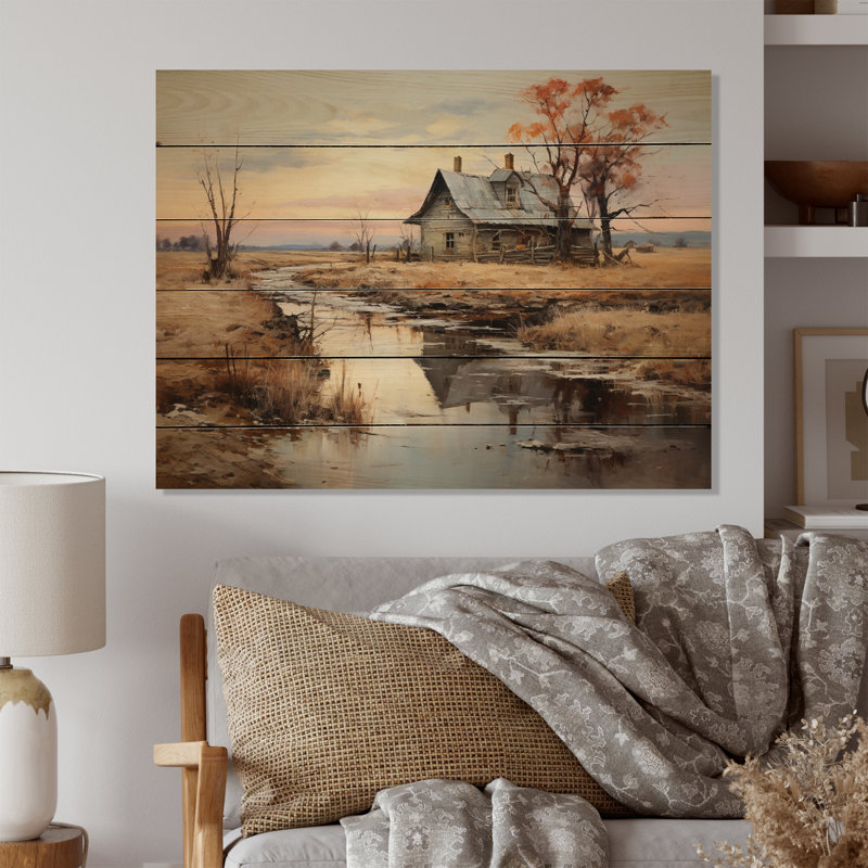 «Farmhouse River Reverie II», reproduction sur bois, H 10 po x l 20 po x P 0,78 po
