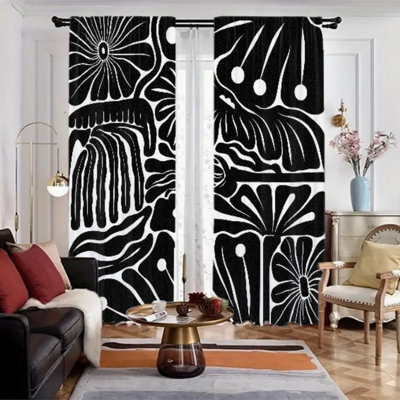 2Pcs Black And White Abstract Art Curtains, Modern Geometric Pattern  Light Filtering Window Drapes For Living Bedroom Kitchen Rod Pocket Treatments, Privacy Protection Energy Saving