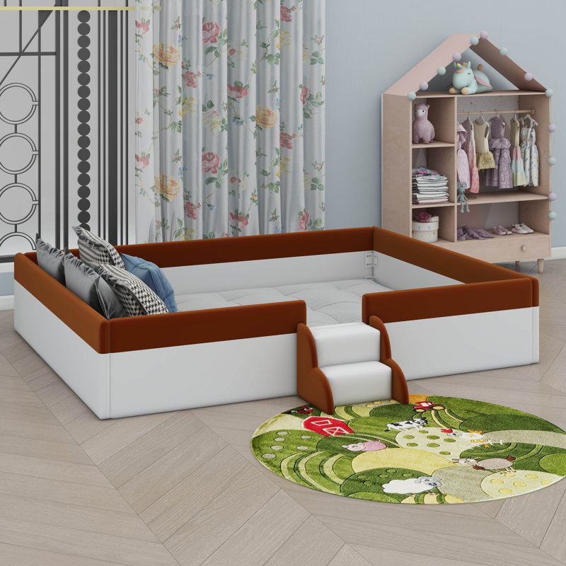 Upholstered Daybed Frame With Fence And Stairs, Brown/White, Queen