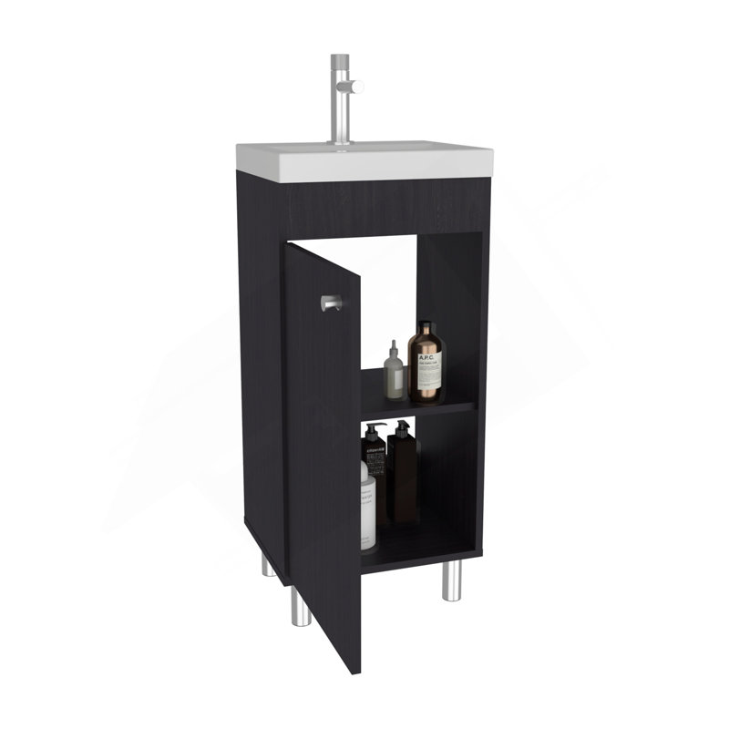 Meuble-lavabo autoportant avec une porte, deux tablettes, une base de lavabo, noir, Noir