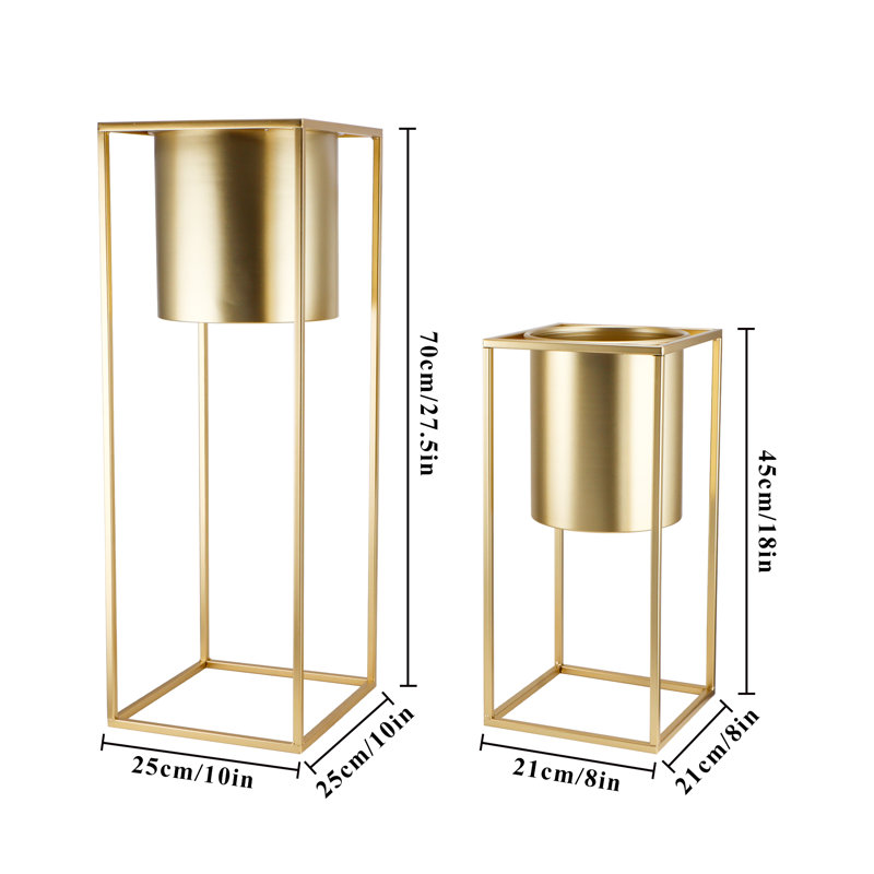 Set of 2 Metal Plant Pots with Stands 70cm & 45cm Tall Indoor Floor Planters, Gold