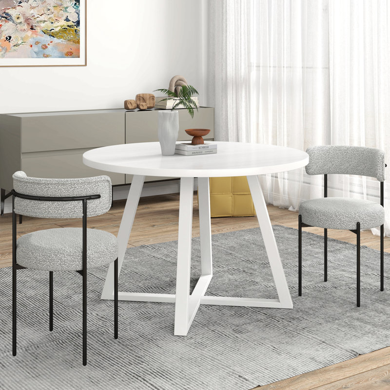 3-Piece Round Dining Set, Trestle Dining Table With 2 Boucle Chairs, Grey
