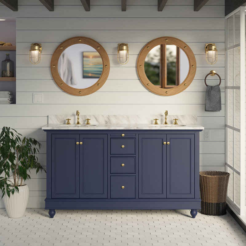 Ensemble de meuble-lavabo double 60 po Ferdinand, Marbre de Carrare, Bleu royal