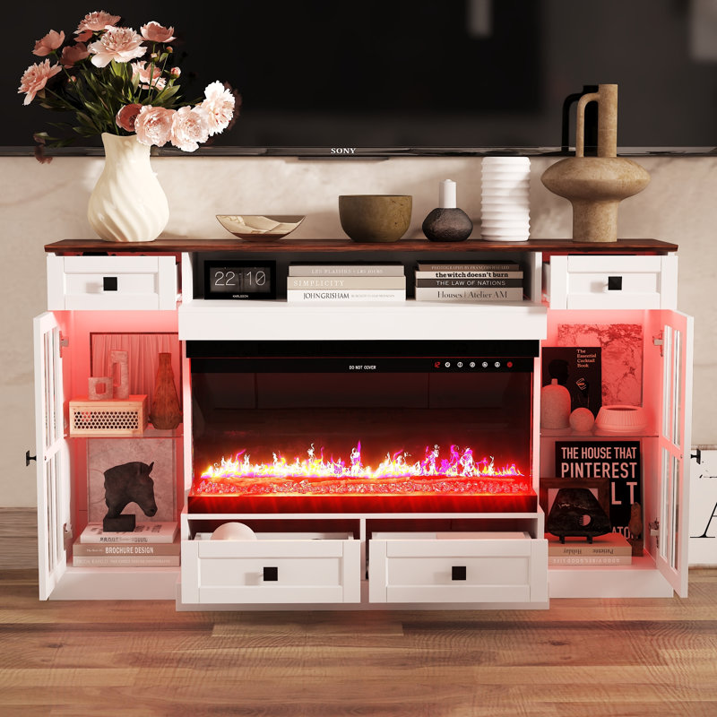 55.3'' Fireplace TV Stand With 30'' Electric Fireplace, Tempered Glass Doors, 4 Drawers & LED-Lit Side Cabinets