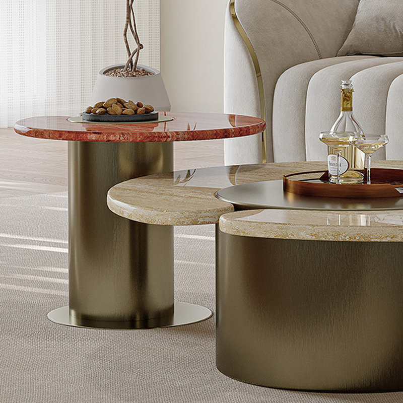 Ensemble de tables basses rondes en marbre blanc et rouge avec acier inoxydable, 18.9" H x 51.18" W x 35.43" D