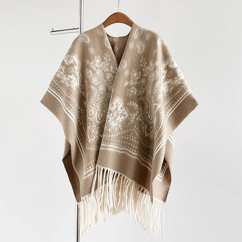 Tassel Throw Blanket, Cozy Poncho Blanket For Women., Beige Paisley