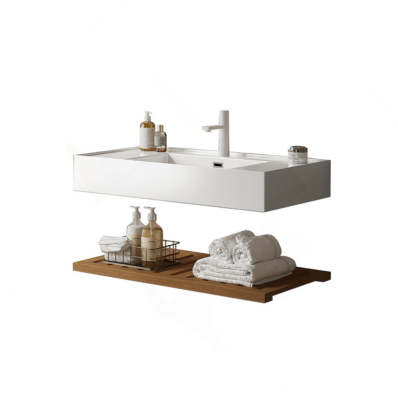 Meuble-lavabo de 36 po avec lavabo vasque, lavabo intégré mural rectangulaire en acrylique blanc flottant sans robinet, tablette rayée, noyer foncé