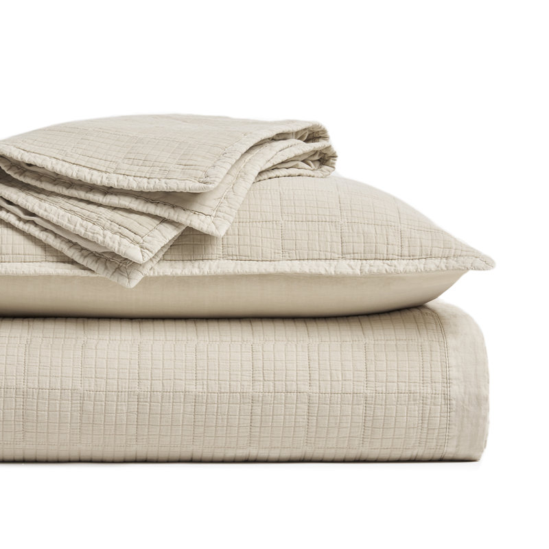Stonewashed Crinkle Cotton Box Stitch Quilt Set, King Quilt + 2 King Shams, Flax Beige