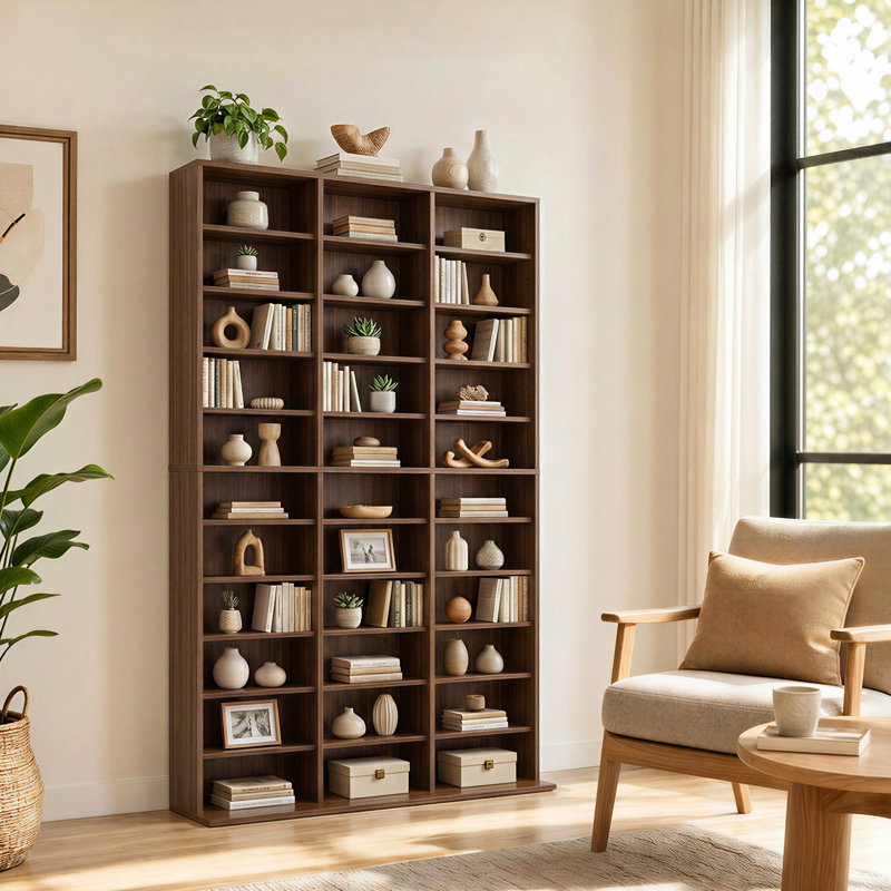 Tour multimédia haute de 11 niveaux, armoire de rangement à 33 compartiments avec étagères ajustables, noyer, Noyer rouge