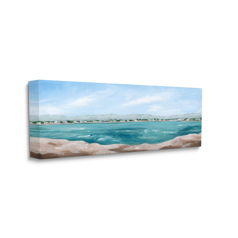 «Panoramic Rocky Ocean View Distant Town» par Grace Popp - peinture sur toile tendue, H 20 po x l 48 po x P 1,5 po