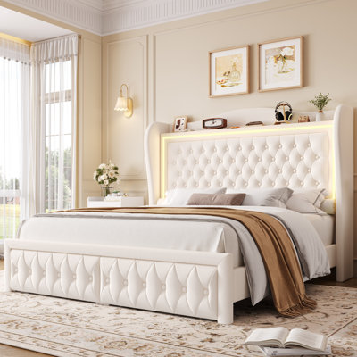 Kaliya Velvet Upholstered Queen Bed Frame With 2 Storage Drawers and 54.3" Headboard, Wingback Platform Bed With Led Lights, No Box Spring Needed, Cream
