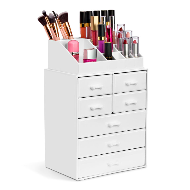 Étui à maquillage avec rouge à lèvres, porte-pinceaux, moyen, 7 tiroirs, blanc, Blanc