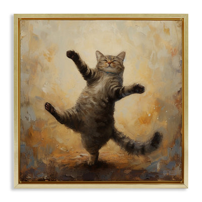 Dancing Tabby Cat Gray Framed Floater Canvas Wall Art by Roozbeh Bahramali