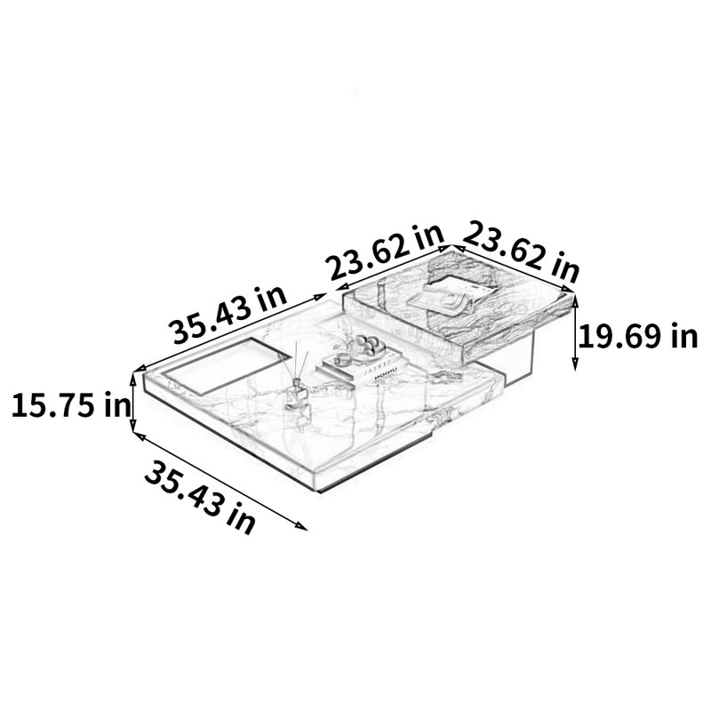 Table basse carrée en marbre italien, H 19,69 po x l 59,06 po x P 35,43 po, Blanc/Noir