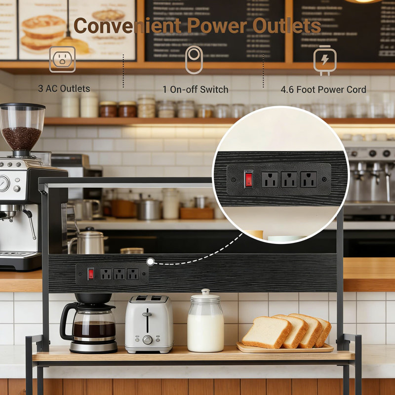 Étagère de boulanger de cuisine à 4 niveaux avec prise de courant intégrée, support pour micro-ondes et tablettes de rangement, organisateur de station café multifonctionnel